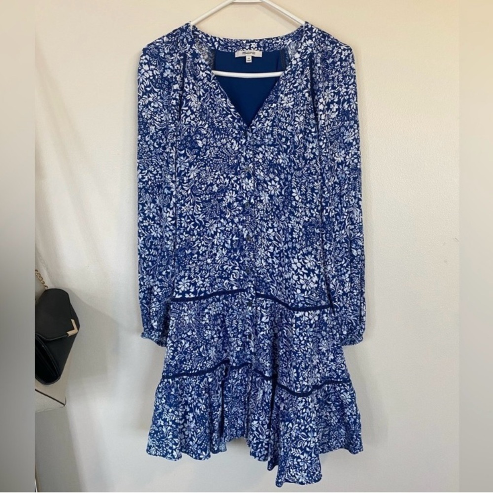 Madewell Blue White Ditsy Floral Flowy mini dress V-neck long sleeve oversized - Picture 3 of 9